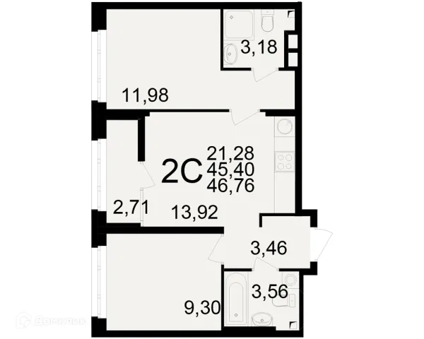 Планировка 2 комн. в ЖК Аура