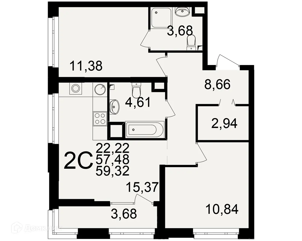 Планировка 2-комнатной квартиры 59.32 м² в ЖК Аура, г. Рязань — фото 1