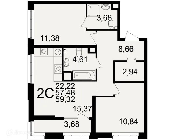 Планировка 2 комн. в ЖК Аура