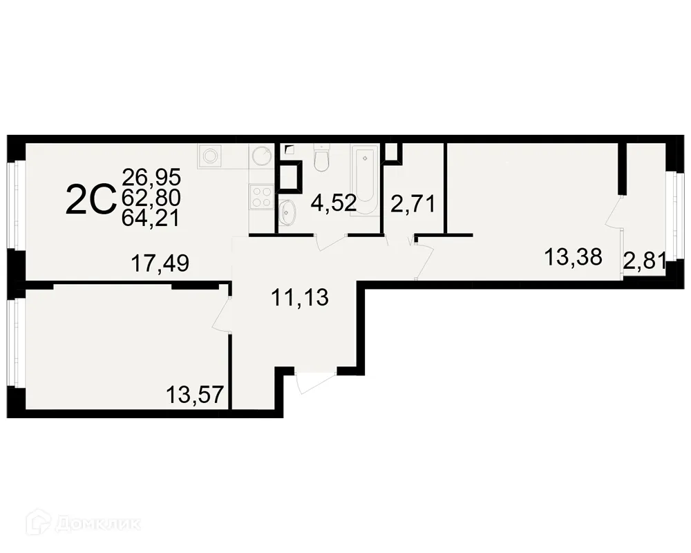 Планировка 2-комнатной квартиры 64.21 м² в ЖК Аура, г. Рязань — фото 1