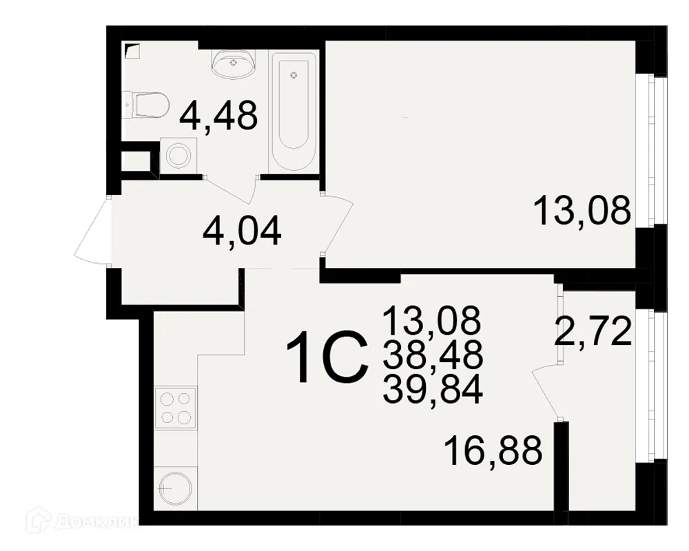 Планировка 1-комнатной квартиры 39.84 м² в ЖК Аура, г. Рязань — фото 1