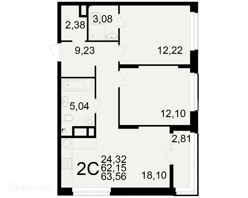 Планировка 2-комнатной квартиры 63.56 м² в ЖК Аура, г. Рязань — фото 1