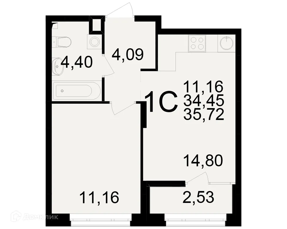 Планировка 1-комнатной квартиры 35.72 м² в ЖК Аура, г. Рязань — фото 1
