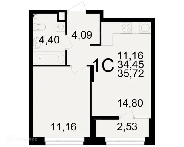 Планировка 1 комн. в ЖК Аура