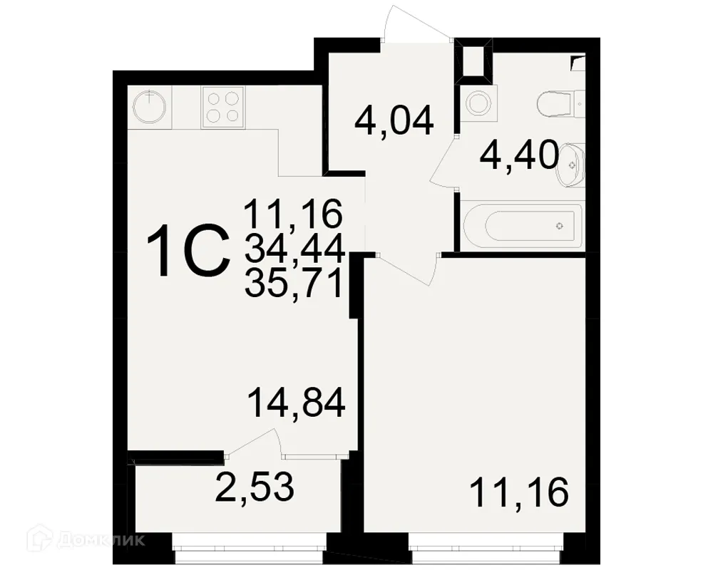 Планировка 1-комнатной квартиры 35.71 м² в ЖК Аура, г. Рязань — фото 1