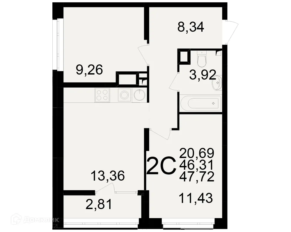 Планировка 2-комнатной квартиры 47.72 м² в ЖК Аура, г. Рязань — фото 1