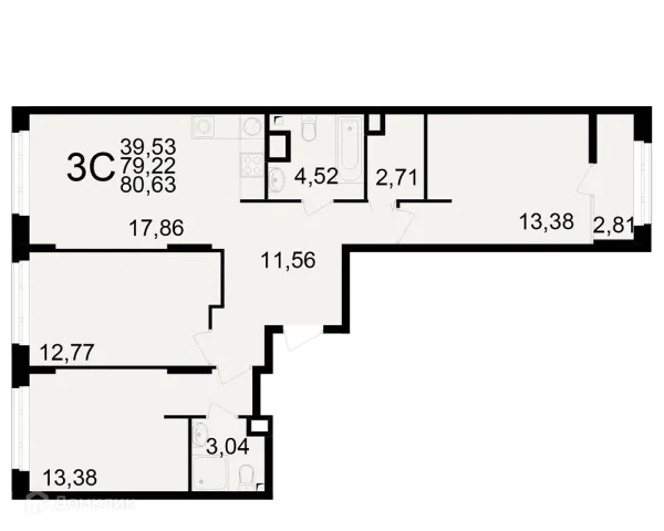 Планировка 3 комн. в ЖК Аура
