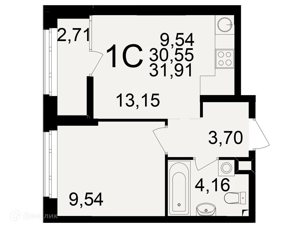 Планировка 1-комнатной квартиры 31.91 м² в ЖК Аура, г. Рязань — фото 1