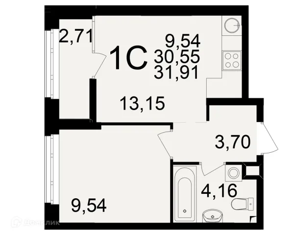 Планировка 1 комн. в ЖК Аура