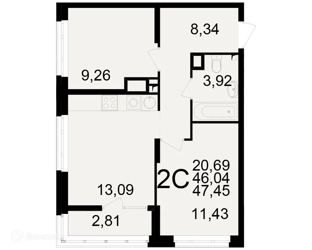 Планировка 2-комнатной квартиры 47.45 м² в ЖК Аура, г. Рязань — фото 1