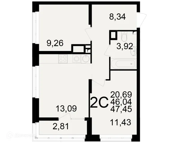 Планировка 2 комн. в ЖК Аура