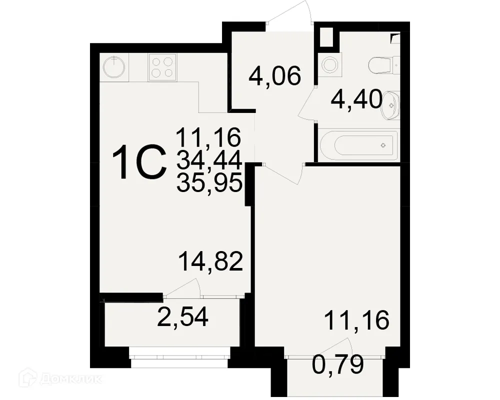 Планировка 1-комнатной квартиры 35.95 м² в ЖК Аура, г. Рязань — фото 1