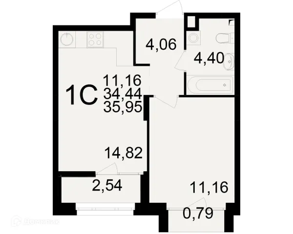 Планировка 1 комн. в ЖК Аура