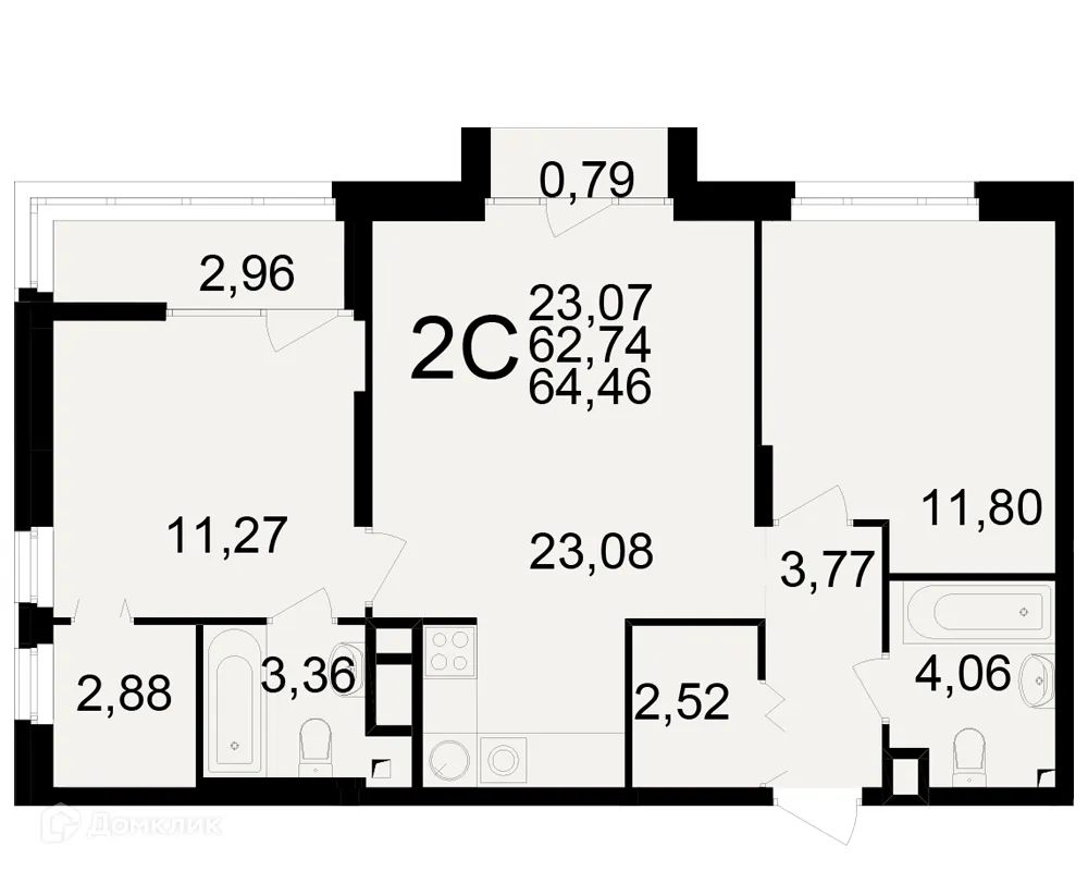 Планировка 2-комнатной квартиры 64.46 м² в ЖК Аура, г. Рязань — фото 1