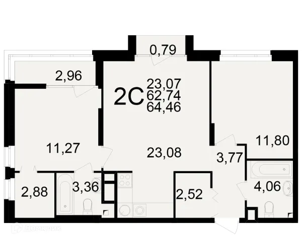 Планировка 2 комн. в ЖК Аура