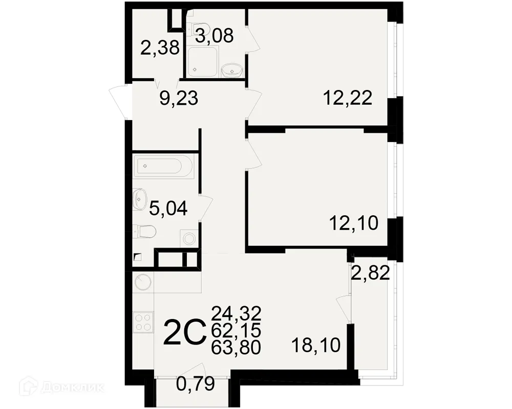 Планировка 2-комнатной квартиры 63.8 м² в ЖК Аура, г. Рязань — фото 1