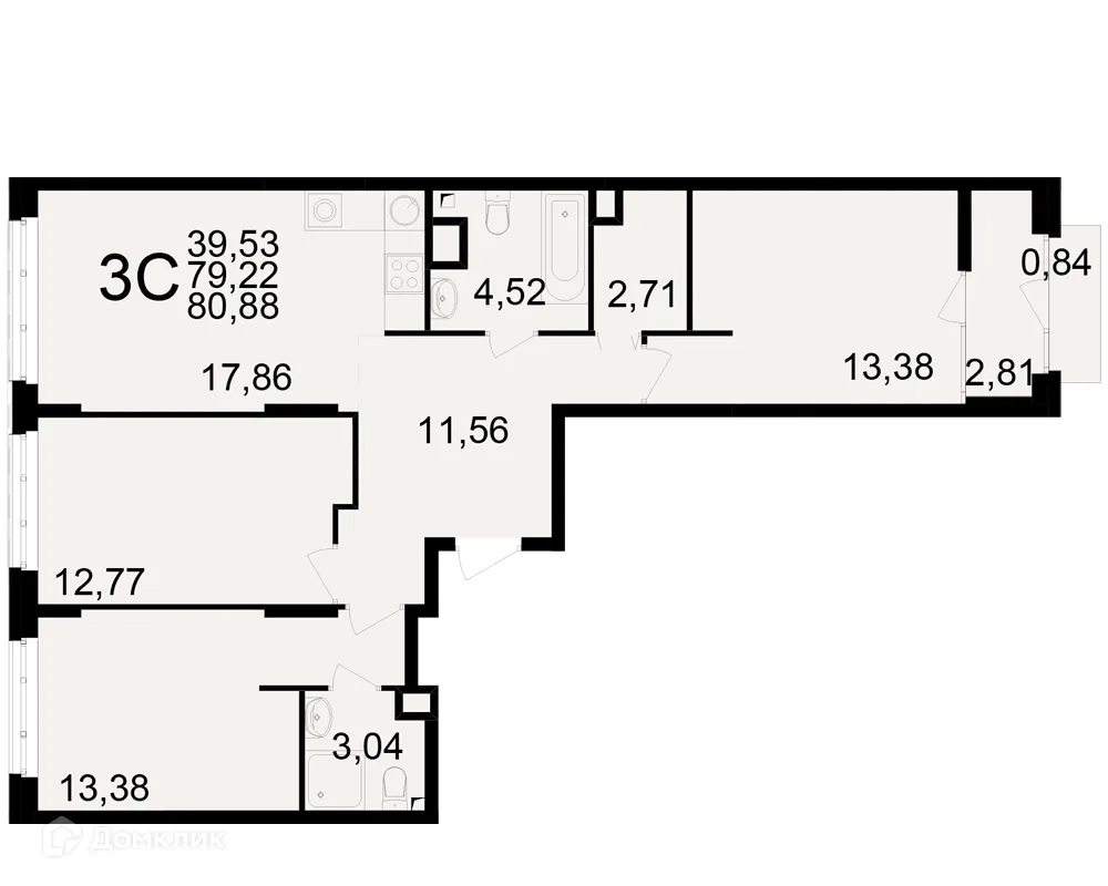 Планировка 3-комнатной квартиры 80.88 м² в ЖК Аура, г. Рязань — фото 1