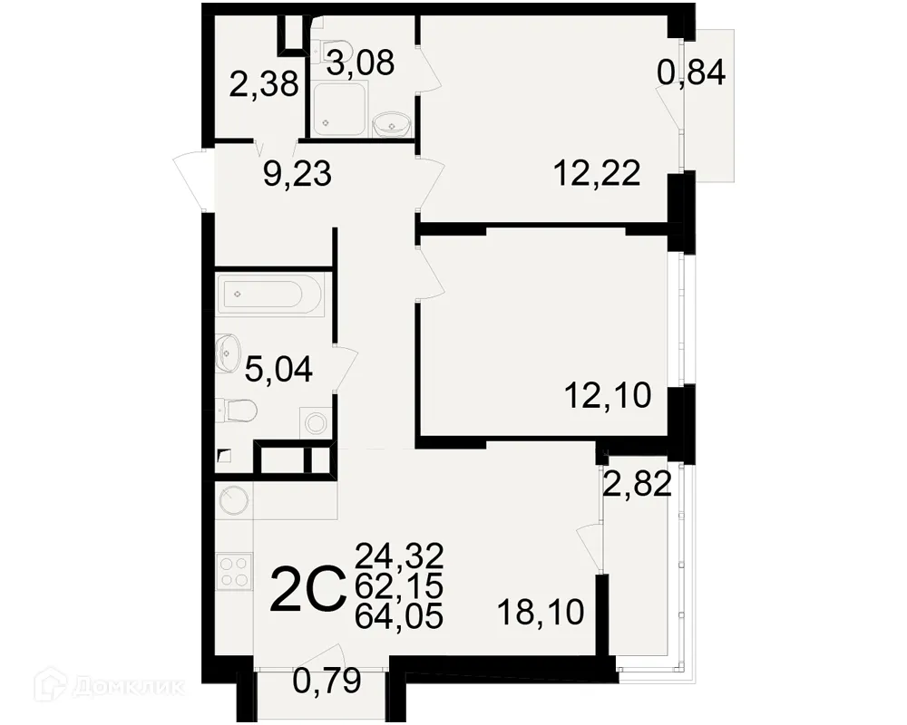 Планировка 2-комнатной квартиры 64.05 м² в ЖК Аура, г. Рязань — фото 1