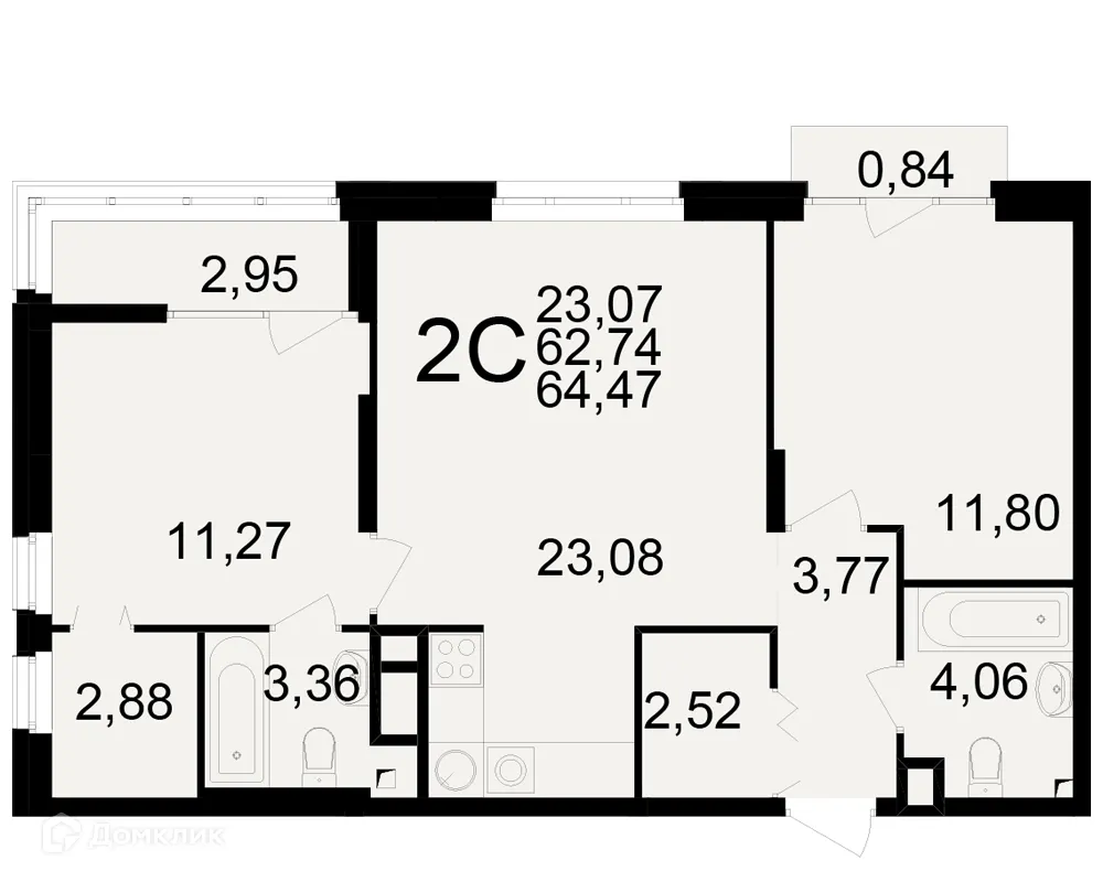 Планировка 2-комнатной квартиры 64.47 м² в ЖК Аура, г. Рязань — фото 1
