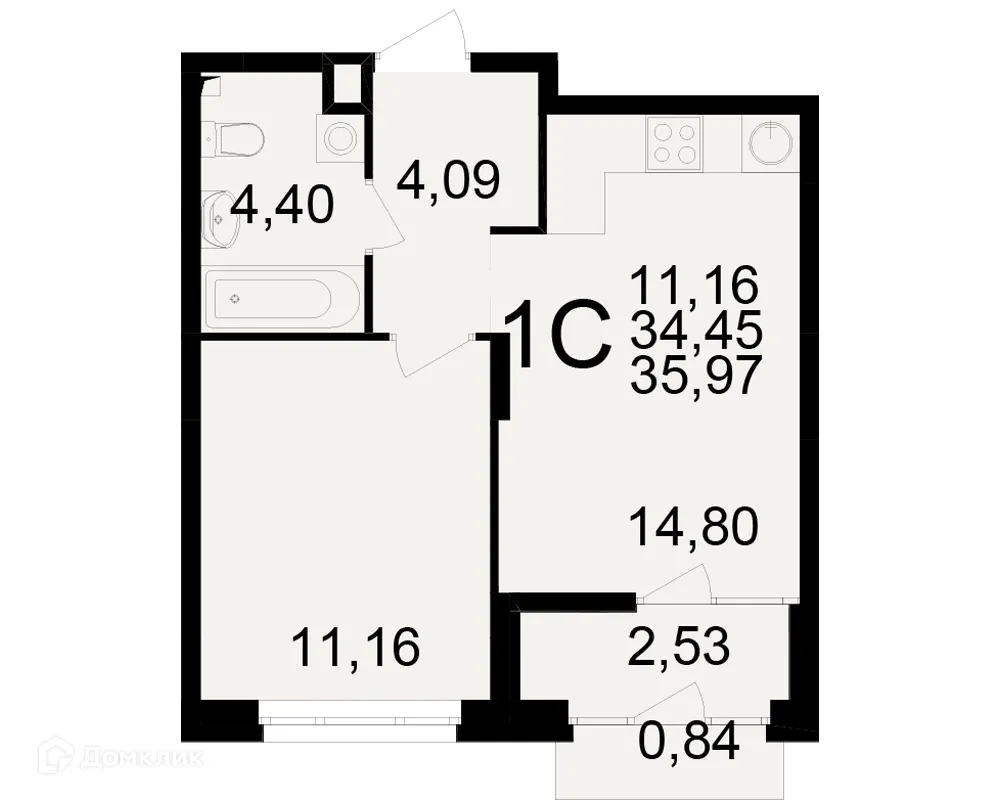 Планировка 1-комнатной квартиры 35.97 м² в ЖК Аура, г. Рязань — фото 1
