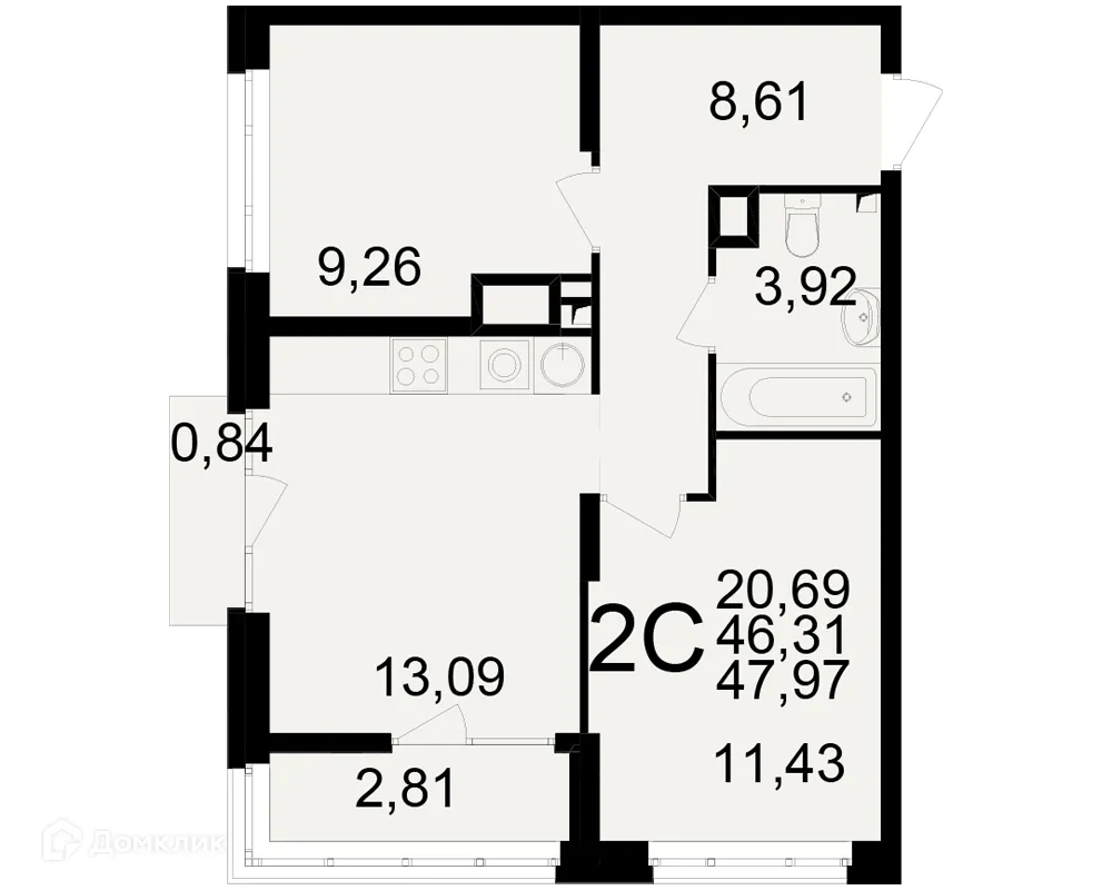 Планировка 2-комнатной квартиры 47.97 м² в ЖК Аура, г. Рязань — фото 1