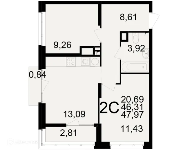 Планировка 2 комн. в ЖК Аура