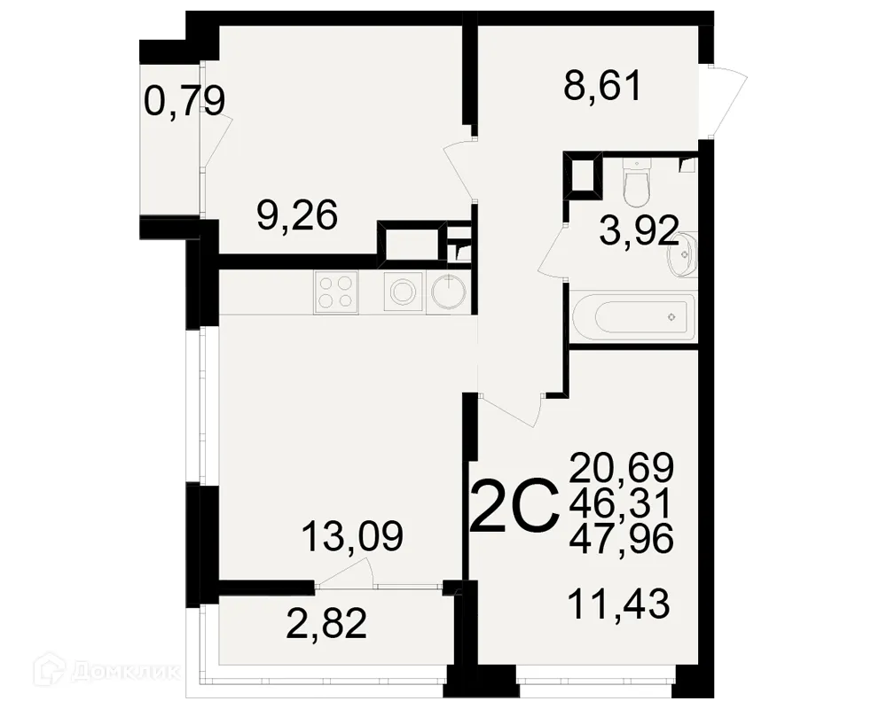 Планировка 2-комнатной квартиры 47.96 м² в ЖК Аура, г. Рязань — фото 1
