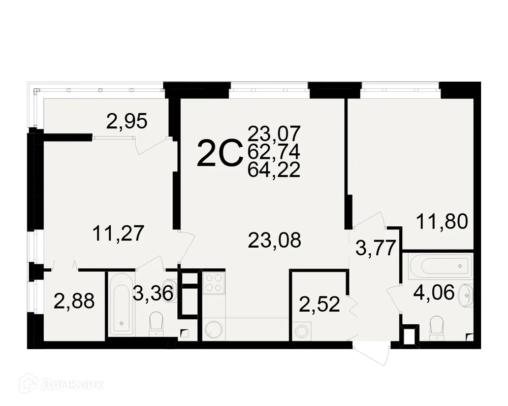 Планировка 2-комнатной квартиры 64.22 м² в ЖК Аура, г. Рязань — фото 1