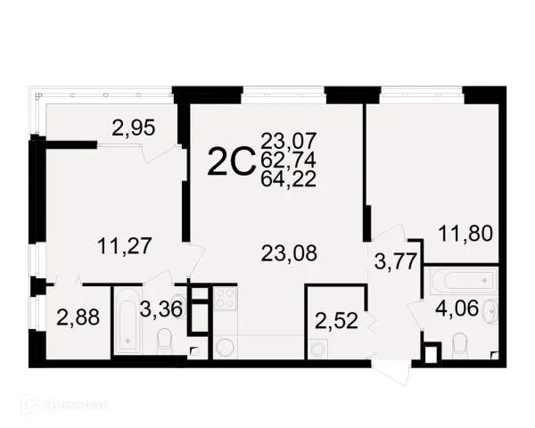 Планировка 2 комн. в ЖК Аура