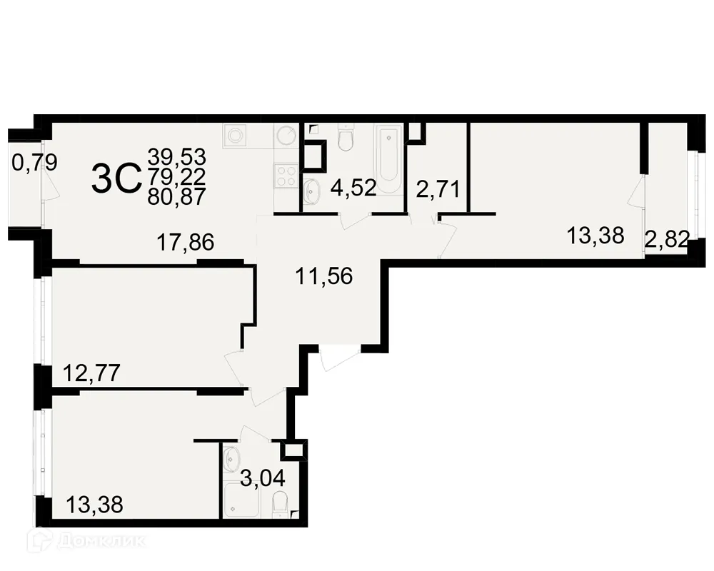 Планировка 3-комнатной квартиры 80.87 м² в ЖК Аура, г. Рязань — фото 1