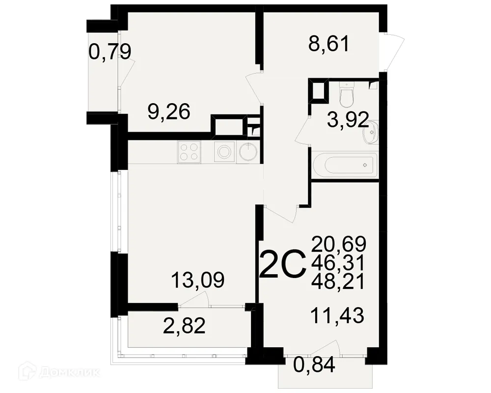Планировка 2-комнатной квартиры 48.21 м² в ЖК Аура, г. Рязань — фото 1