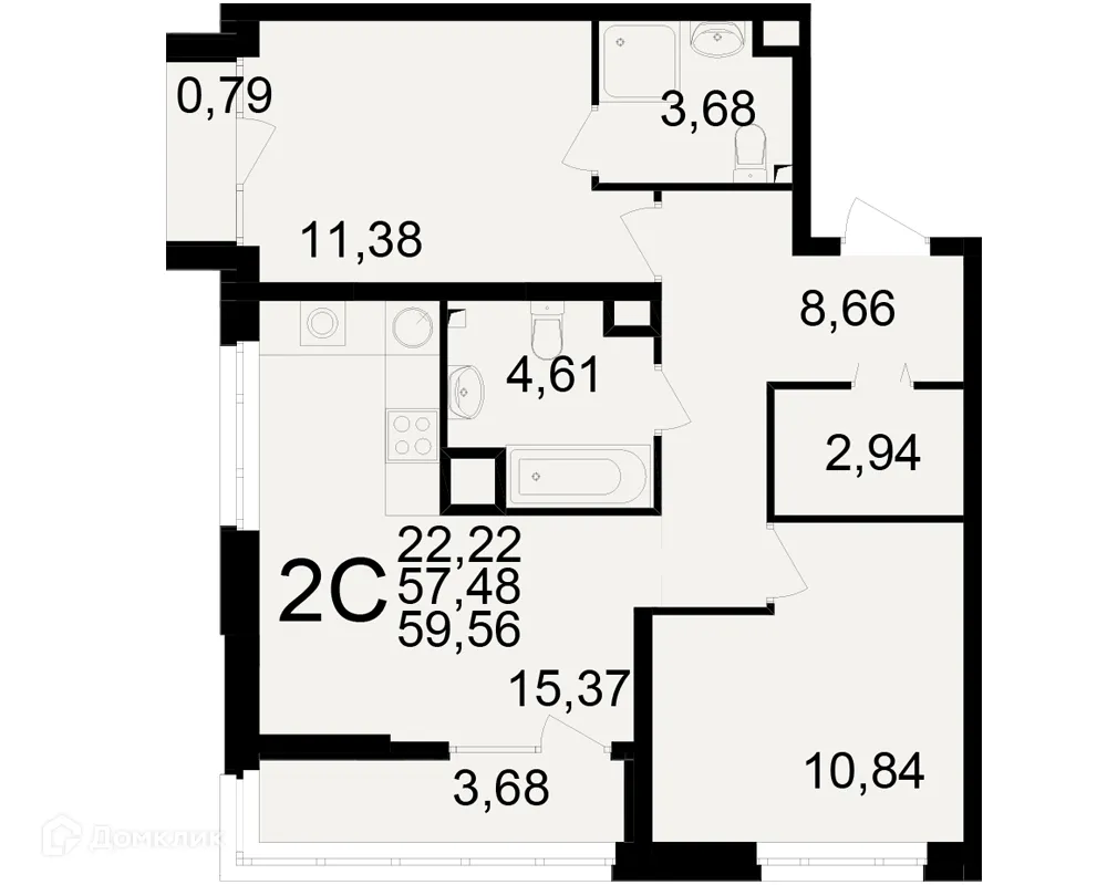 Планировка 2-комнатной квартиры 59.56 м² в ЖК Аура, г. Рязань — фото 1