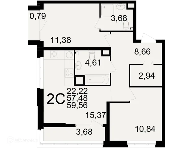 Планировка 2 комн. в ЖК Аура