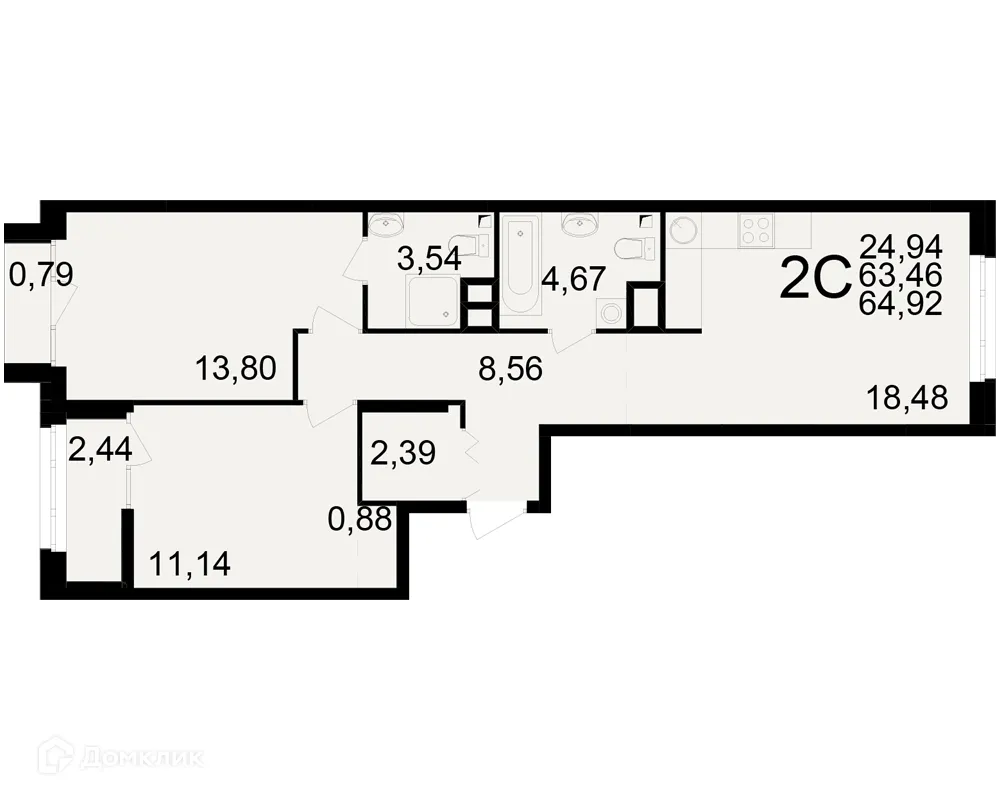Планировка 2-комнатной квартиры 64.92 м² в ЖК Аура, г. Рязань — фото 1