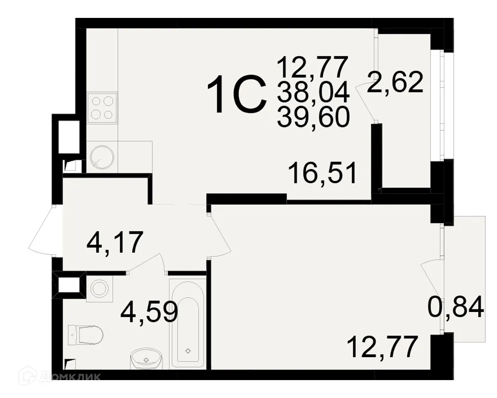 Планировка 1-комнатной квартиры 39.6 м² в ЖК Аура, г. Рязань — фото 1