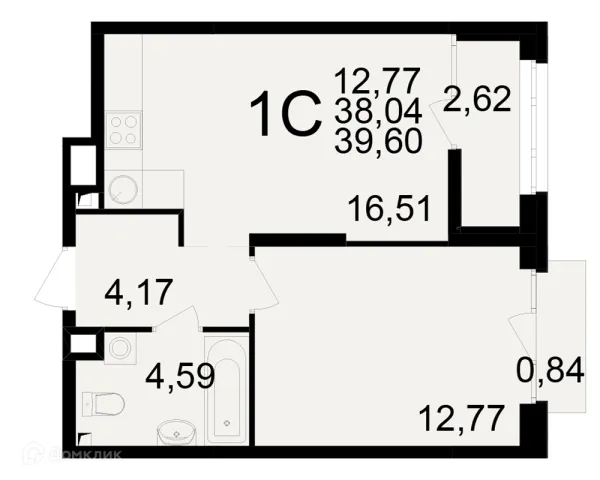 Планировка 1 комн. в ЖК Аура
