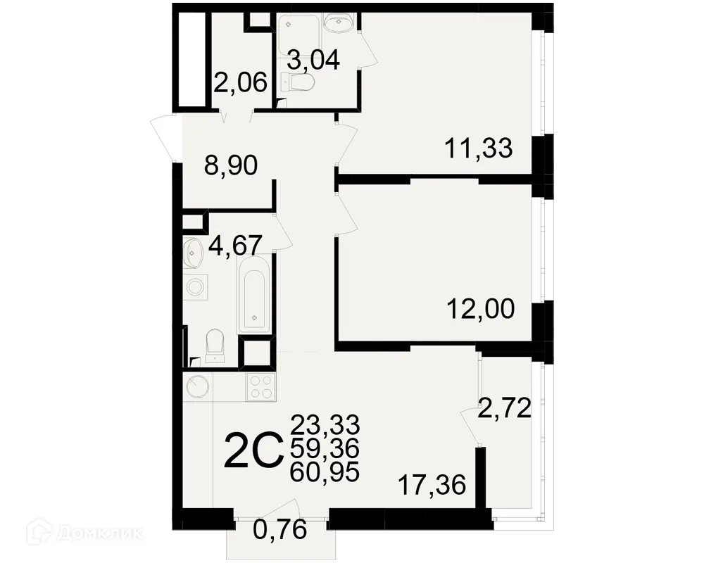 Планировка 2-комнатной квартиры 60.95 м² в ЖК Аура, г. Рязань — фото 1