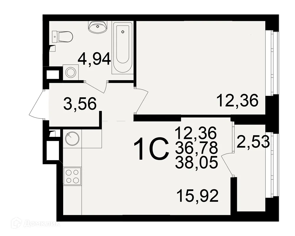 Планировка 1-комнатной квартиры 38.05 м² в ЖК Аура, г. Рязань — фото 1