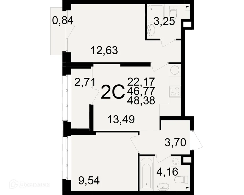 Планировка 2-комнатной квартиры 48.38 м² в ЖК Аура, г. Рязань — фото 1