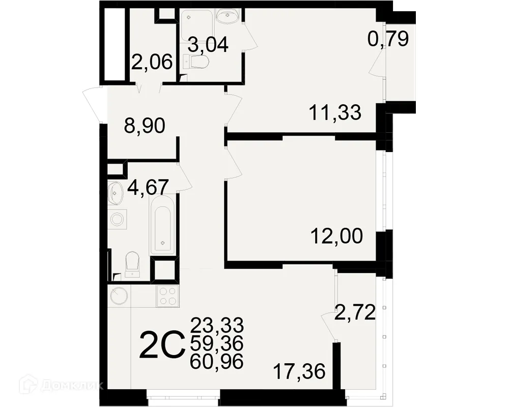 Планировка 2-комнатной квартиры 60.96 м² в ЖК Аура, г. Рязань — фото 1