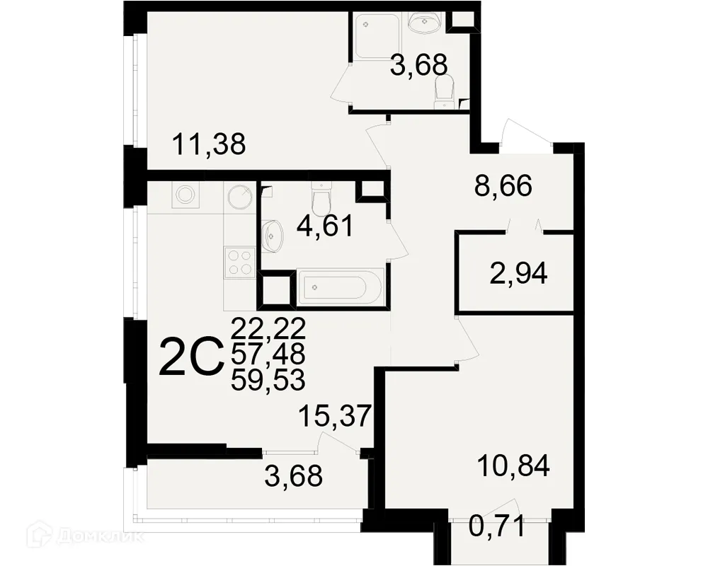 Планировка 2-комнатной квартиры 59.53 м² в ЖК Аура, г. Рязань — фото 1