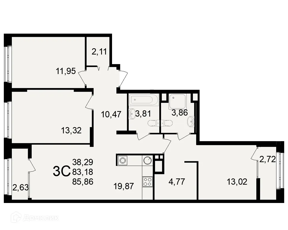 Планировка 3-комнатной квартиры 85.86 м² в ЖК Аура, г. Рязань — фото 1