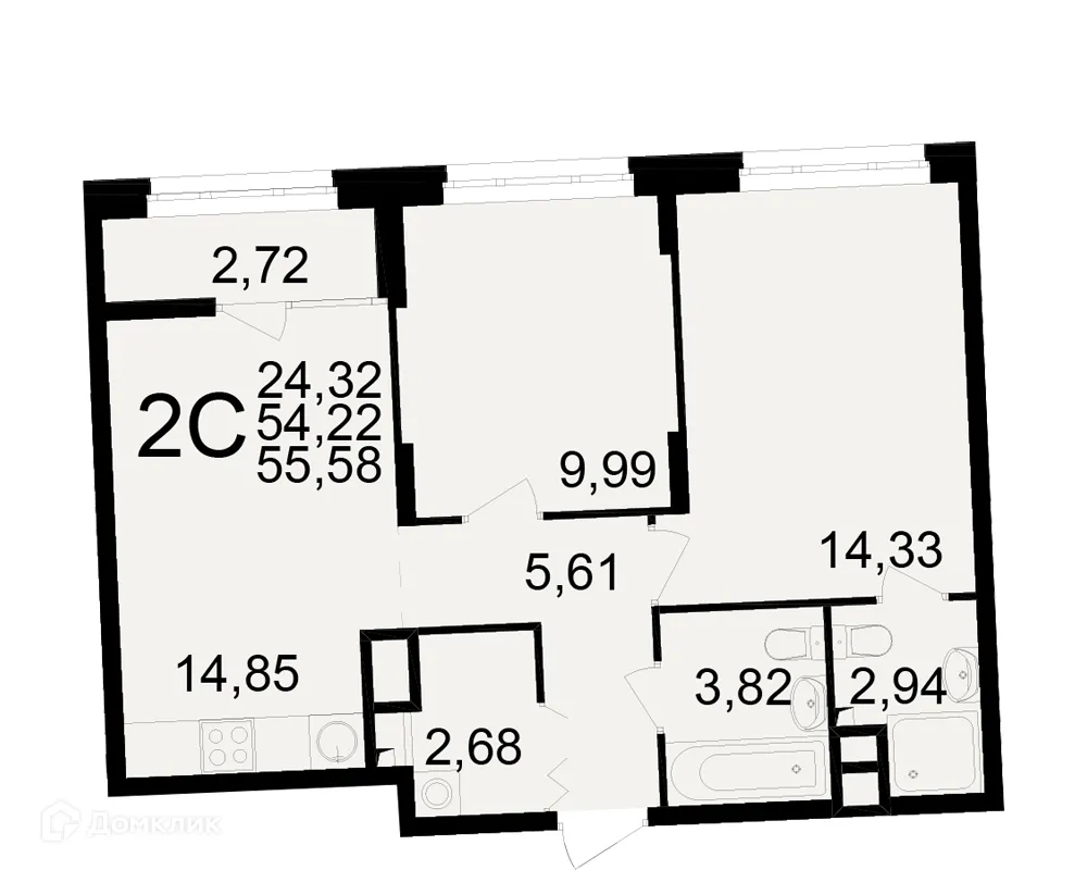 Планировка 2-комнатной квартиры 55.58 м² в ЖК Аура, г. Рязань — фото 1