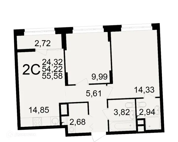 Планировка 2 комн. в ЖК Аура