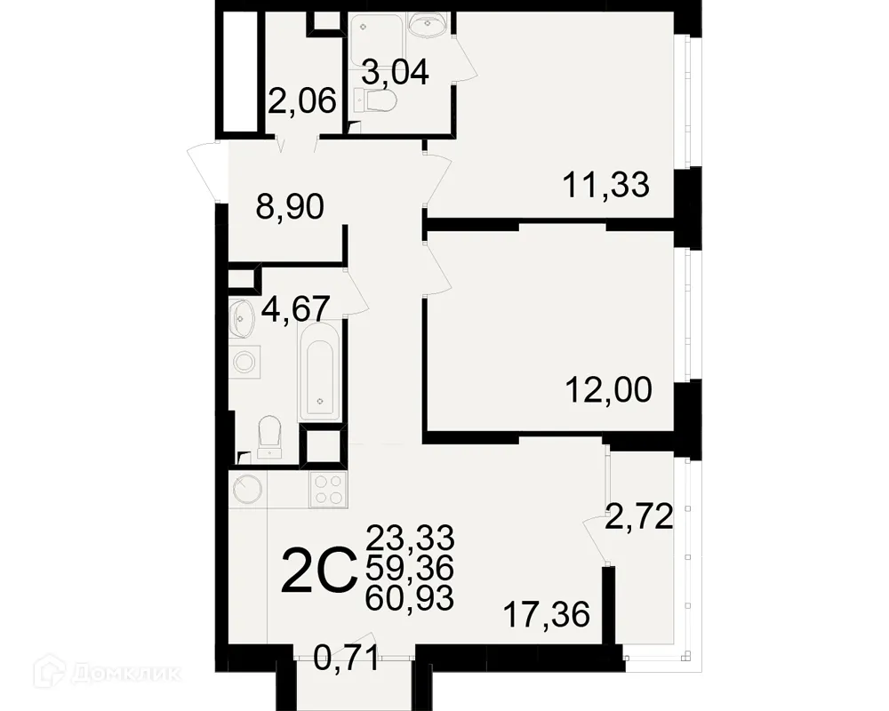 Планировка 2-комнатной квартиры 60.93 м² в ЖК Аура, г. Рязань — фото 1