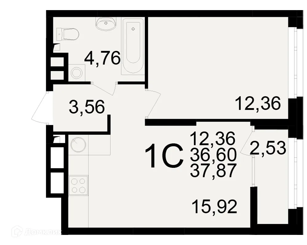Планировка 1-комнатной квартиры 37.87 м² в ЖК Аура, г. Рязань — фото 1