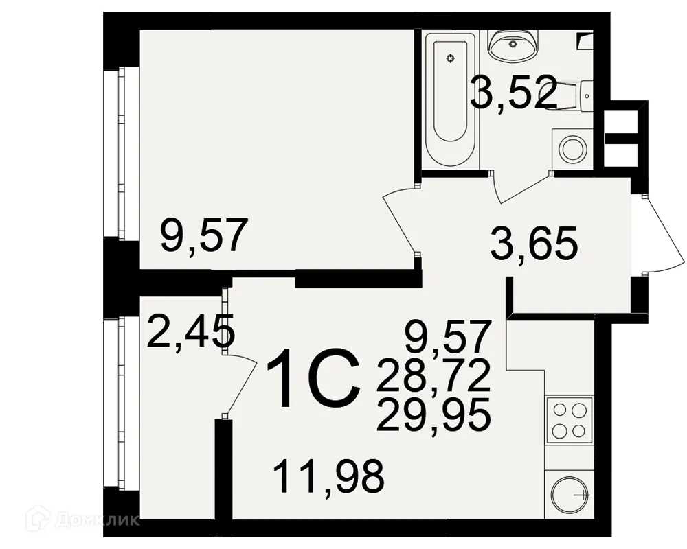 Планировка 1-комнатной квартиры 29.95 м² в ЖК Аура, г. Рязань — фото 1