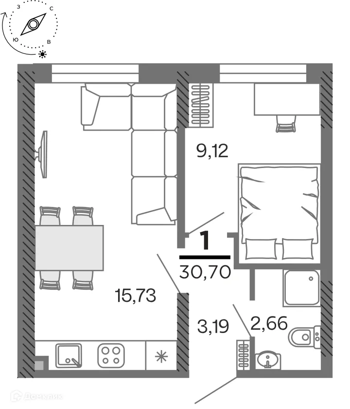 Планировка 1-комнатной квартиры 30.7 м² в ЖК город Рязань, Улица Зубковой, г. Рязань — фото 1