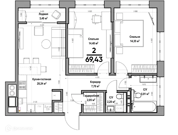 Планировка 2-комнатной квартиры 69.43 м² в ЖК Аструм, г. Рязань — фото 1