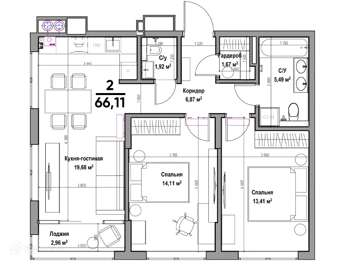 Планировка 2-комнатной квартиры 66.11 м² в ЖК Аструм, г. Рязань — фото 1